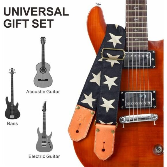 Woven Guitar Strap Cotton Adjustable Leather Ends Pick Pocket Star Pattern - Picture 4 of 7